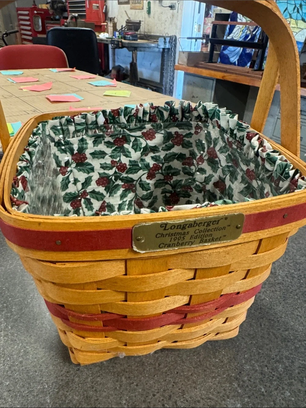 Longaberger Red Cranberry Holiday Basket with Holly Liner and Plastic Liner